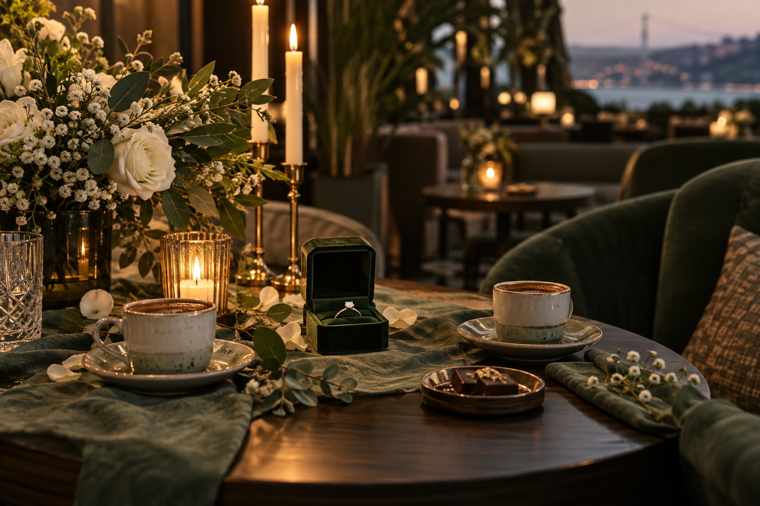 The Jacks Coffee'de sıcak ışıklı nişan masası