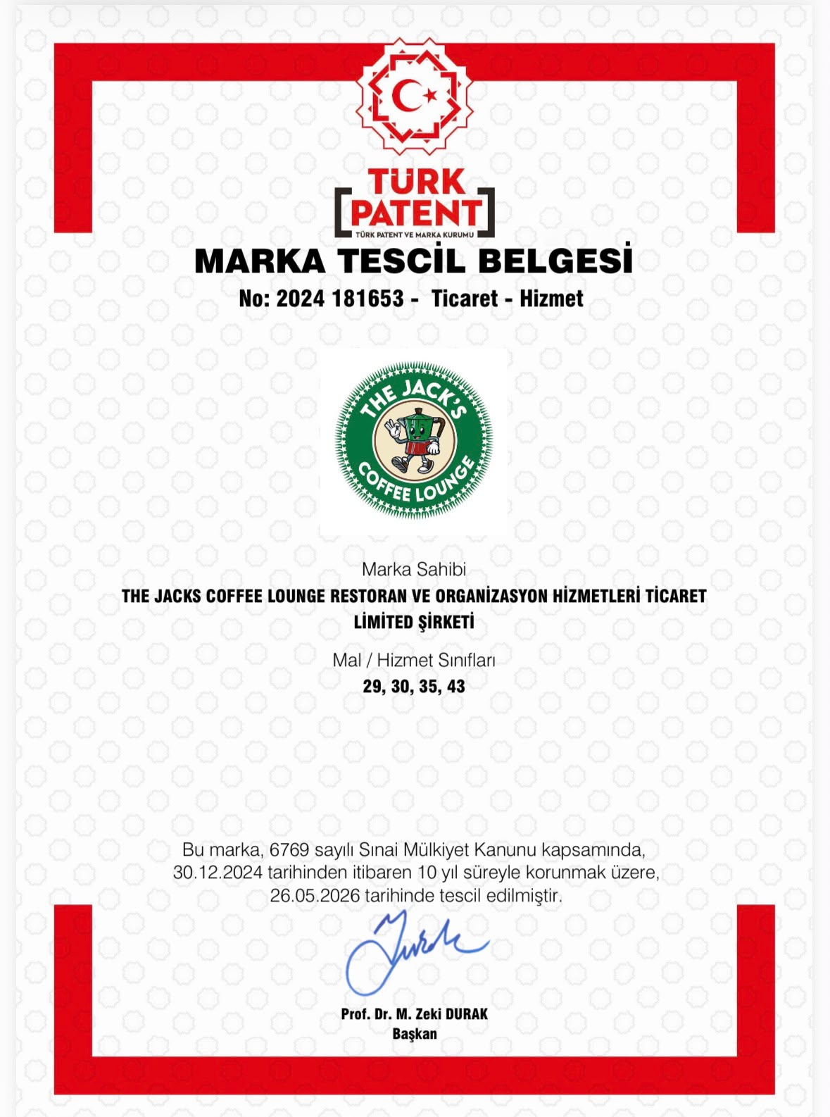 The Jacks Coffee Lounge marka tescil belgesi